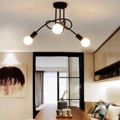 Vintage Style Radial Wrought Iron Ceiling Light Bare Bulb Sputnik Semi Flush Ceiling Light for Living Room