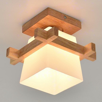 White Cube LED Ceiling Flush Light Wooden 1 Head 8 Inchs Wide Simple Style Glass Ceiling Light for Bedroom