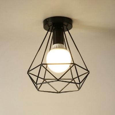Wrought Iron Wire Cage Semi Flush Mount Industrial Vintage 1 Light Black LED Ceiling Light