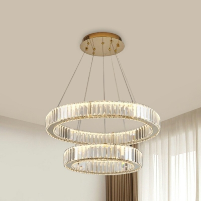 2 Tiers Golden LED Chandelier Contemporary Crystal LED Suspended Light in 3 Colors Light
