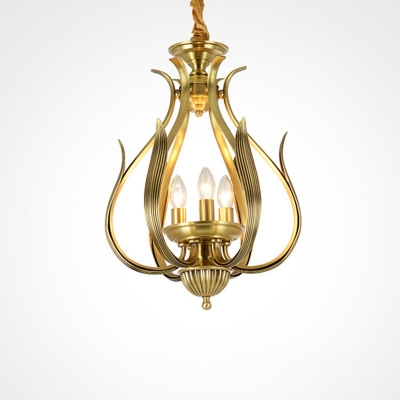 Aged Gold Vintage Chandelier Wrought Iron Hanging Light Fixtures Industrial in 3-Light