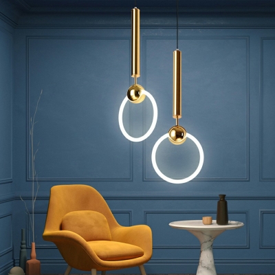 Continental Style Pendant LED Light Ring with Gold Iron Handle Light Bedside Dinning Room Bedroom
