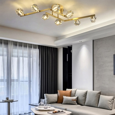 Curly Semi Flush Mount Chandelier Nordic Crystal Bedroom Ceiling Light in Gold