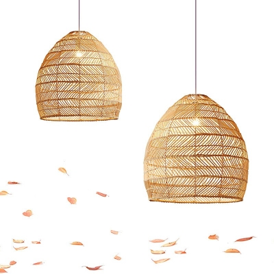 Curved Pendant Light Chinese Bamboo 1 Bulb Beige Ceiling Suspension Lamp for Kitchen