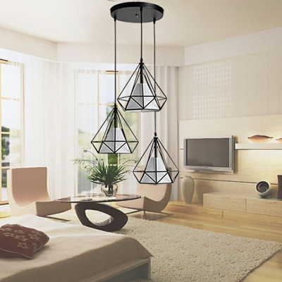 Diamond Form Pendant Industrial Living Room 39 Inchs Height Iron Cage 3 Bulbs Hanging Lamp