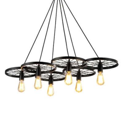 Industrial Style Black Wrought Iron Wagon Wheel Hanging Light for Restaurant Bar