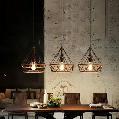 Industrial Style Cage Pendant Light Natural Rope 1 Light Hanging Lamp in Black
