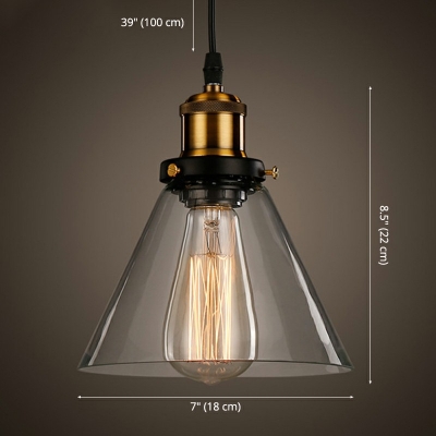 Industrial Style Cone Shade Pendant Light Glass 1 Light Hanging Lamp in Clear