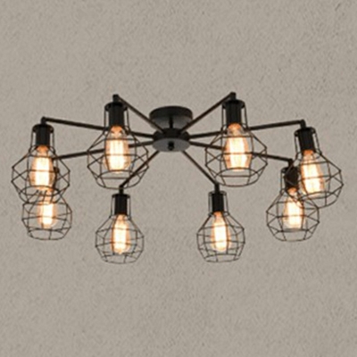 Loft Industry Wrought Iron Fan Close to Ceiling Light Black Semi Flush Light with Cage Shade