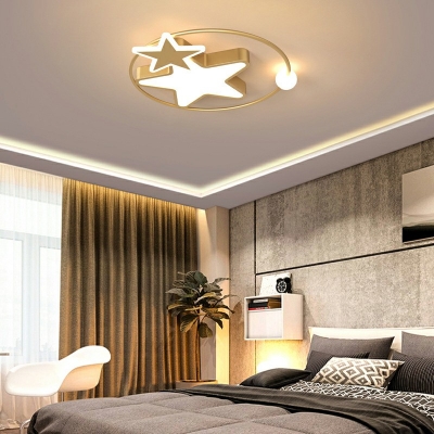 Metal Ring LED Kids Bedroom Flushmount Light Acrylic Stars Form 2.5 Inchs Height Flushmount Ceiling Fixture