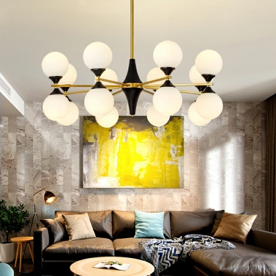 Modern Chandelier Milk White Glass Globe Shade 12 Inchs Height Living Room Restaurant Hanging Lamp in Black-Gold