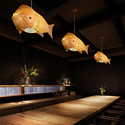 Modern Fish Shaped Bamboo Suspension Pendant Light 12 Inchs Height 1 Light Hanging Lamp in Beige