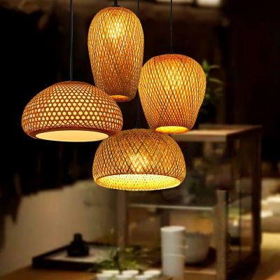 Nordic Style Handmade Ceiling Light Bamboo Rattan 1 Bulb Restaurant Hanging Lamp in Wood