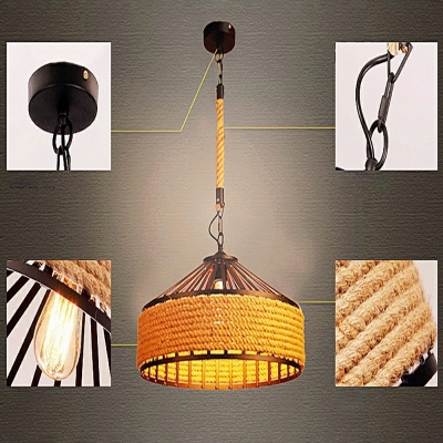 One Head Industrial Beige Suspension Light Drum Shade with Rope Restaurant Hanging Pendant Light