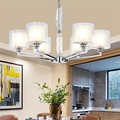 Radial Chrome Hanging Light Fixture Modern Style Metal Chandelier Lighting Clear Glass Cylindrical Shape with Height Adjustable Chain