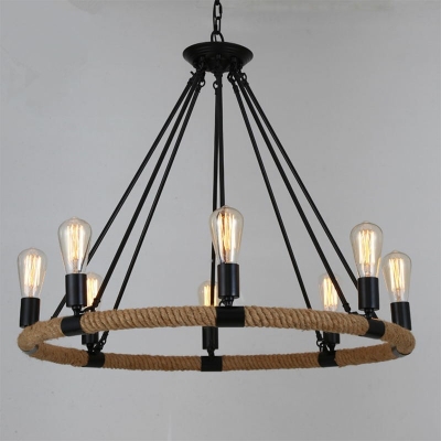 Retro Industrial Rope Suspension Light Black Metal Ring Iron Chandelier for Dining Room