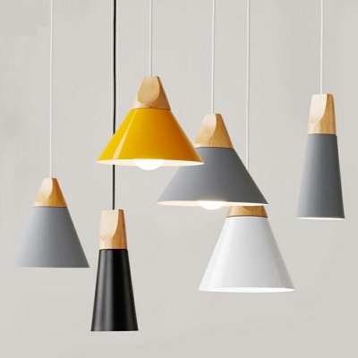 Single-Bulb Metal Cone Hanging Light Dining Room Ceiling Pendant Lamp with Wooden