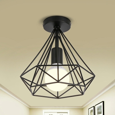 1 Light Metal Semi Flush Mount Light Industrial Black and White Caged Ceiling Lighting