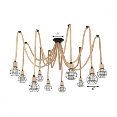 6/10-Head Caged Swag Pendant Lighting Rustic Brown Natural Rope Hanging Ceiling Light