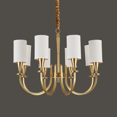 American Style Multi-lights Copper Hanging Light Cylindrical Fabric Shade Chandelier for Bedroom