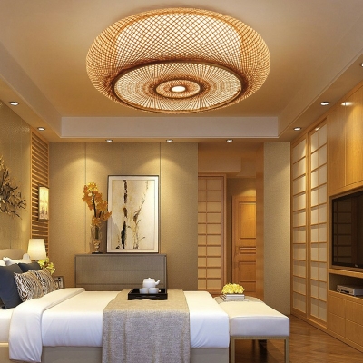 Asian Style Bamboo Drum Shape Ceiling Lighting Hand Woven Living Room Flush Lamp in Beige