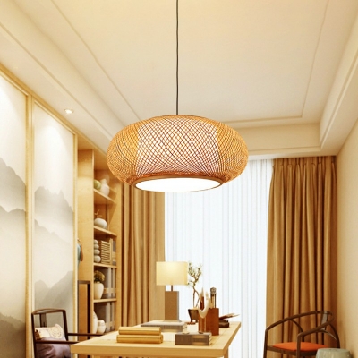 Asian Style Beige Globe Lantern Pendant Light Bamboo Hanging Lamp for Dining Table