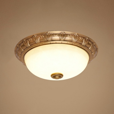 Brass LED Ceiling Lamp Traditional Cream Glass Bowl Flush Mount Light with Carved Leaf Edge