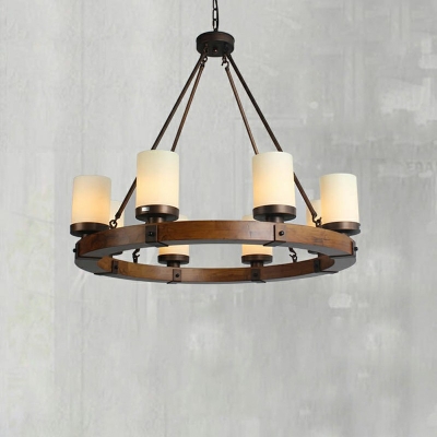 Cylinder Shade Chandelier Classic Wood and Glass Hanging Light in Wood for Restaurant