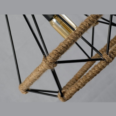 Dining Table Diamond Cage Pendant Light Metal Industrial Rope Black Finish 1-Head Hanging Light