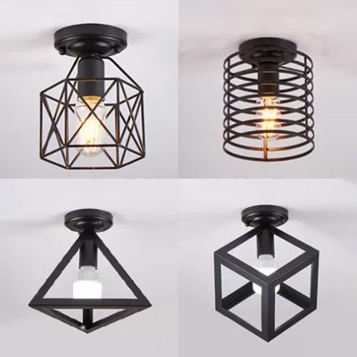 Industrial Flush Mount Ceiling Light Geometric Metal Cage in Black