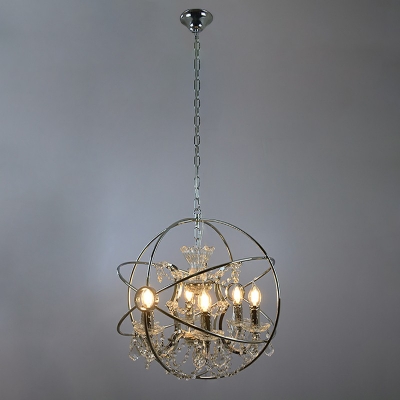 Retro Style 6 Heads Metal Thin Bands Shade Pendant Light Chrome Cage Hanging Lamp with Crystal