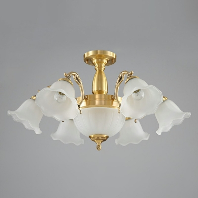 Romantic Pastoral Flower Shape Semi Flush Frosted Glass Flush Light in Brass