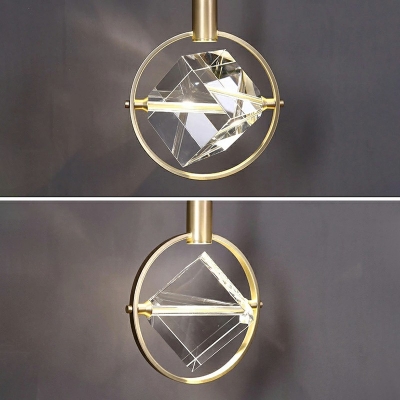 Single-Bulb Clear Crystals Block Hanging Pendant Lights with Metal Ring Hanging in Gold for Dining Table