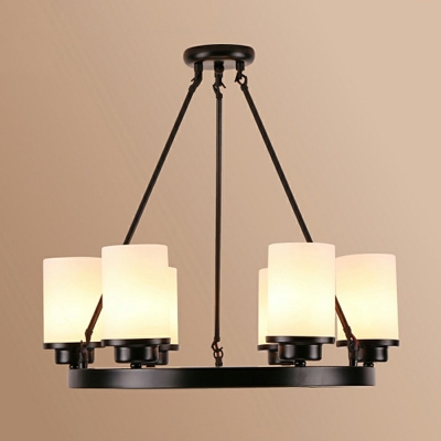 Traditional Round Chandelier White Cylindrical Glass Metal Pendant Lighting in Black for Living Room