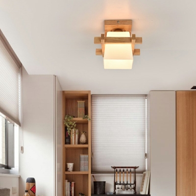 White Cube LED Ceiling Flush Light Wooden 1 Head 8 Inchs Wide Simple Style Glass Ceiling Light for Bedroom