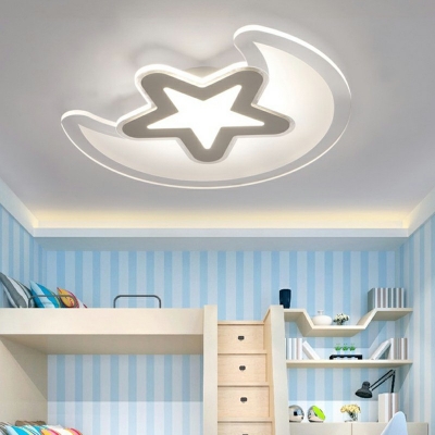 White Star and Moon Semi Flush Mount Light Metal Cartoon Lighting LED Ceiling Lamp for Kid's Bedroom