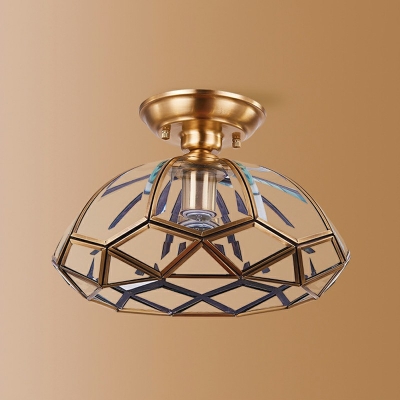 Colonial Style Transparent Glass Shade 1-Bulb Brass Flush Mount Light for Balcony