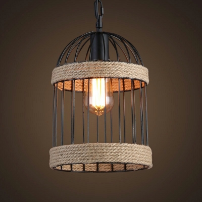 Industrial Bird Cage Pendant Light 1 Light Hanging Lamp with Hemp Rope for Restaurant