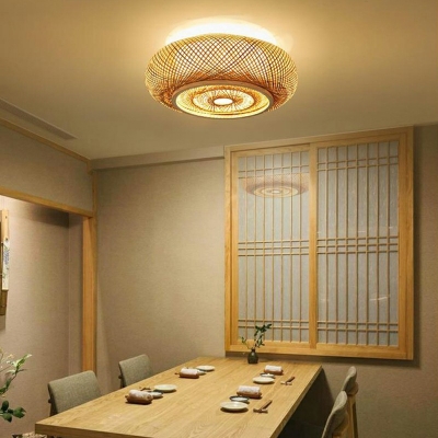 Japanese Style 3 Lights Curved Drum Mount Ceiling Lights Rattan Living Room Flush Mount Lighting