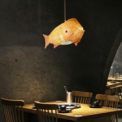 Modern Fish Shaped Bamboo Suspension Pendant Light 12 Inchs Height 1 Light Hanging Lamp in Beige