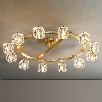 12 Lights Square Semi Flush Lighting Triangle Cut Clear Crystal Vintage Brass Semi Flush Mount for Living Room