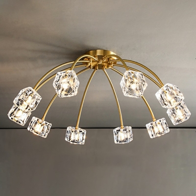 Arc Semi Flush Mount Chandelier Nordic Crystal Bedroom Ceiling Light in Brass