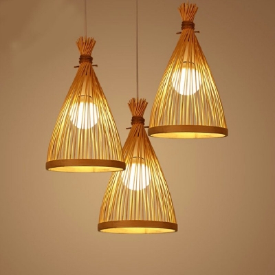 Asian Style Bell Shade Suspension Lighting Bamboo 1 Head Tea Room Pendant Ceiling Light