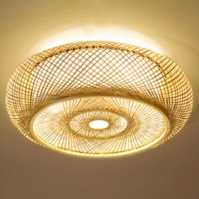 Asian Style Flush Mount Donut Ceiling Mounted Fixture with Bamboo Shade in White