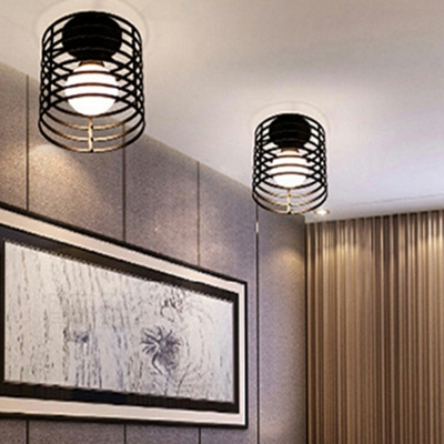 Black Retro Industrial Ceiling Light Metal Shade Single Light Ceiling Mount Semi Flush Ceiling Fixture for Hallway