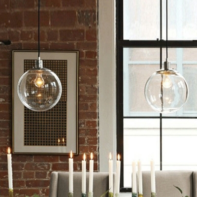 Chrome Minimalist Living Room Pendant Clear Glass Globe 1-Bulb Hanging Lamp