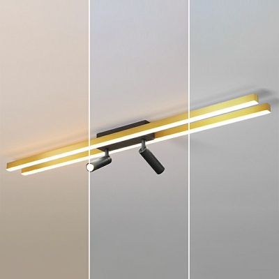 Gold Linear Semi Flush Mount with Spotlight Postmodern Metal Ceiling Light for Corridor