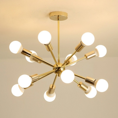 Golden Open Bulb Chandelier Light with Arm Post Modern Metallic Hanging Lamp for Dining Room