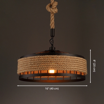 Industrial Circle Pendant Light Natural Rope 1 Light Hanging Lamp in Black
