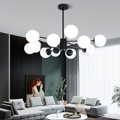 Minimalism Hanging Lamp White Globe Glass Shade Dining Room Chandelier in Black